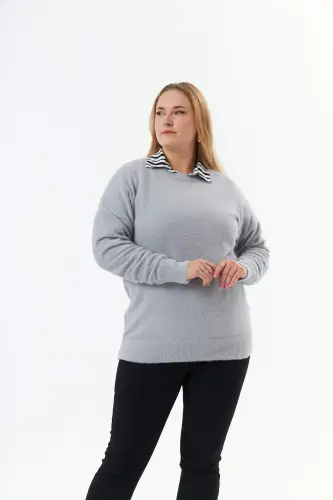 Plus Size Cashmere Blend Beanie Knit Sweater Grey - 3