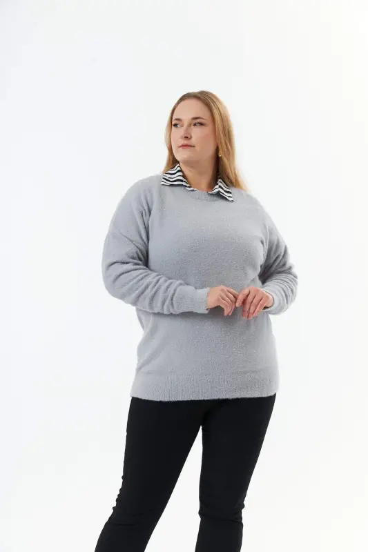 Plus Size Cashmere Blend Beanie Knit Sweater Grey - 3