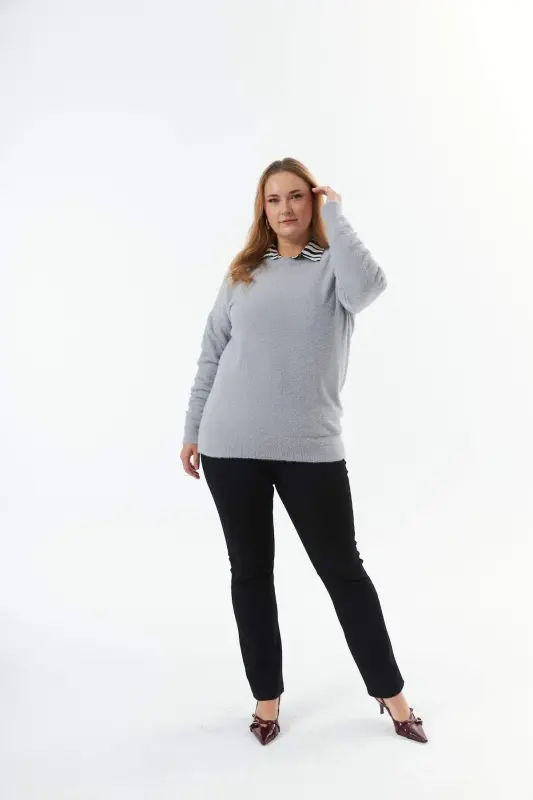 Plus Size Cashmere Blend Beanie Knit Sweater Grey - 5