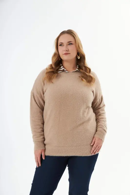 Plus Size Cashmere Blend Bearded Knit Sweater Mink - 1