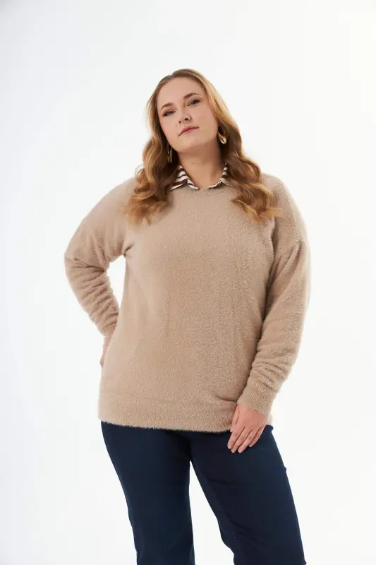 Plus Size Cashmere Blend Bearded Knit Sweater Mink - 3