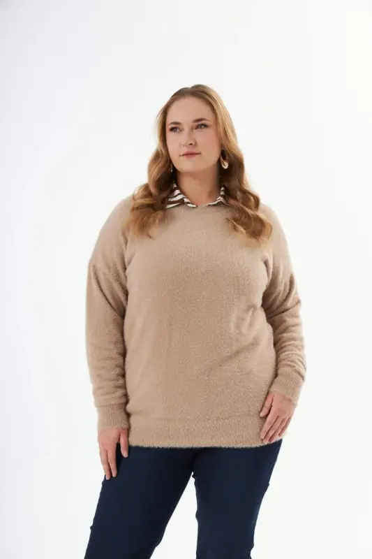 Plus Size Cashmere Blend Bearded Knit Sweater Mink - BÜYÜKBEDENIZ