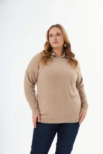Plus Size Cashmere Blend Bearded Knit Sweater Mink - BÜYÜKBEDENIZ (1)
