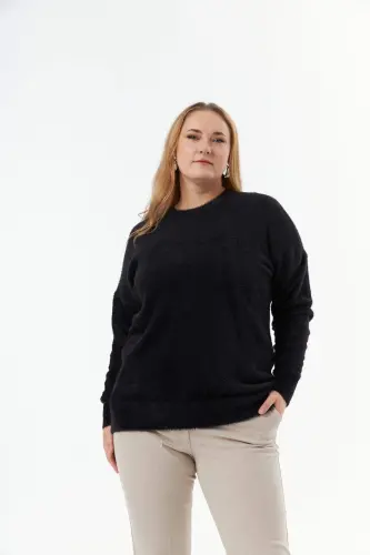 Plus Size Cashmere Blend Fuzzy Knit Sweater Black - 1