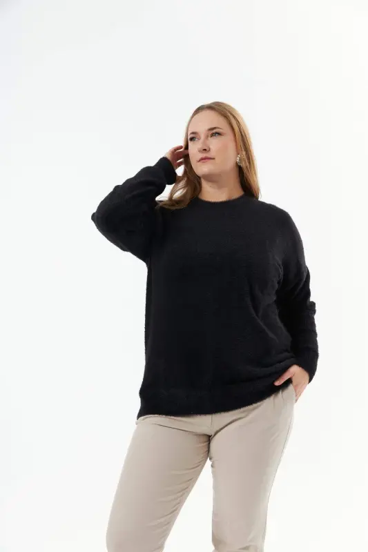 Plus Size Cashmere Blend Fuzzy Knit Sweater Black - 2