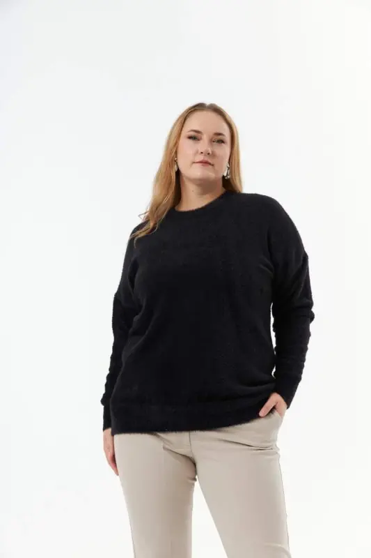 Plus Size Cashmere Blend Fuzzy Knit Sweater Black - BÜYÜKBEDENIZ