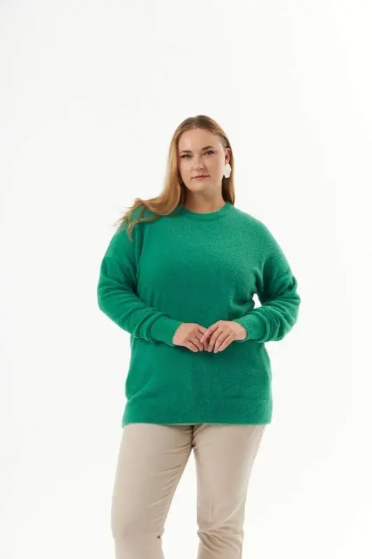 Plus Size Cashmere Blend Textured Knit Sweater Green - BÜYÜKBEDENIZ