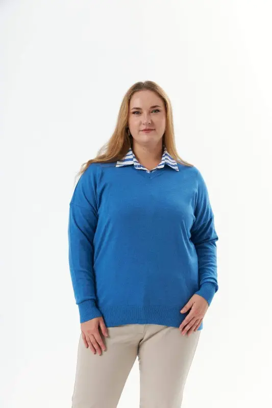 Plus Size Cashmere Blend V-Neck Knit Jumper Indigo - 9