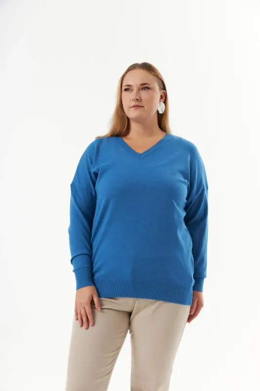 Plus Size Cashmere Blend V-Neck Knit Jumper Indigo - 1