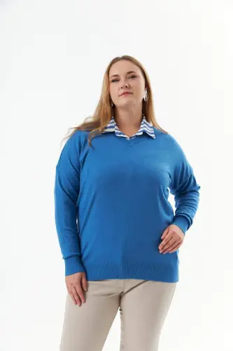 Plus Size Cashmere Blend V-Neck Knit Jumper Indigo - 3