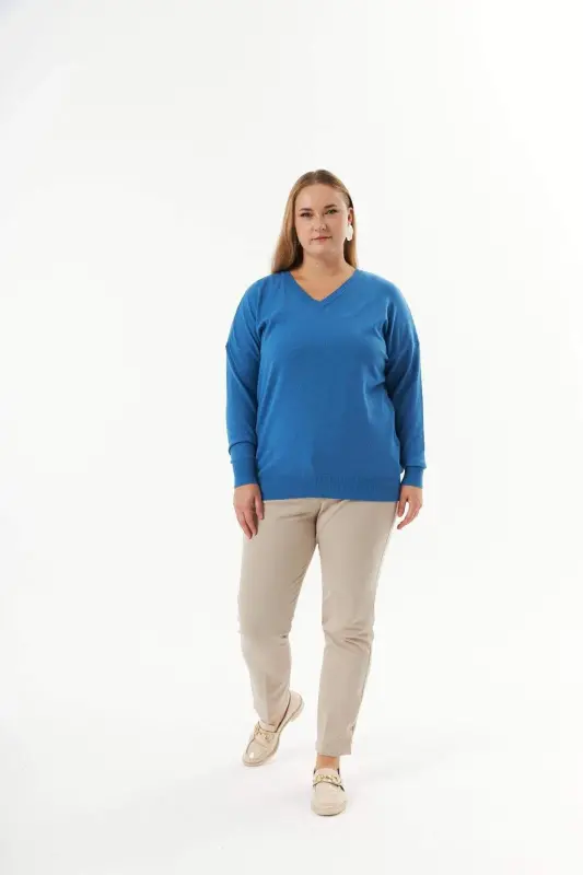 Plus Size Cashmere Blend V-Neck Knit Jumper Indigo - 11