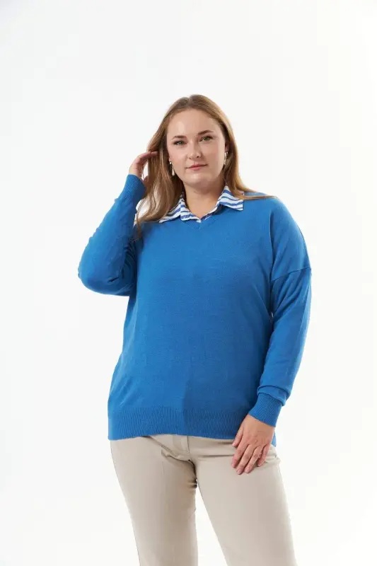 Plus Size Cashmere Blend V-Neck Knit Jumper Indigo - 4