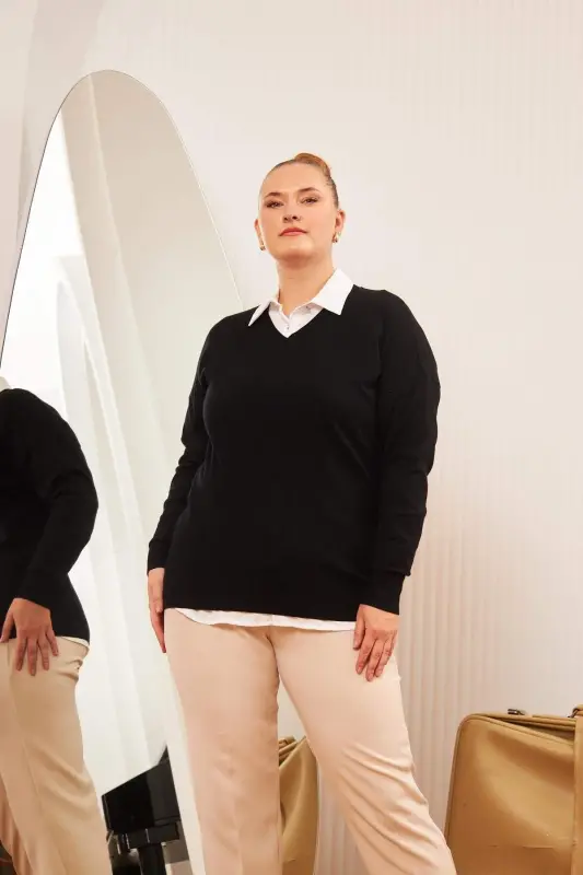 Plus Size Cashmere Blend V-Neck Knit Sweater Black - 4