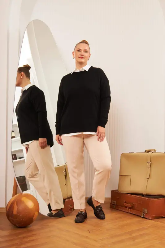 Plus Size Cashmere Blend V-Neck Knit Sweater Black - 5