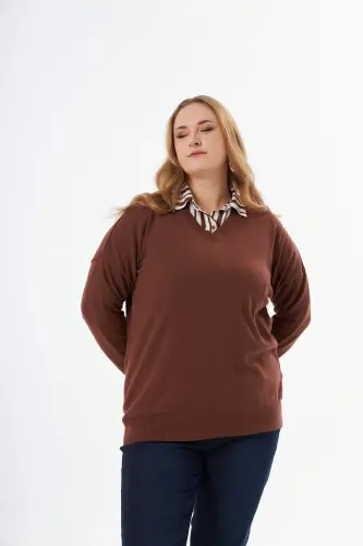 Plus Size Cashmere Blend V-Neck Knit Sweater Brown - BÜYÜKBEDENIZ (1)