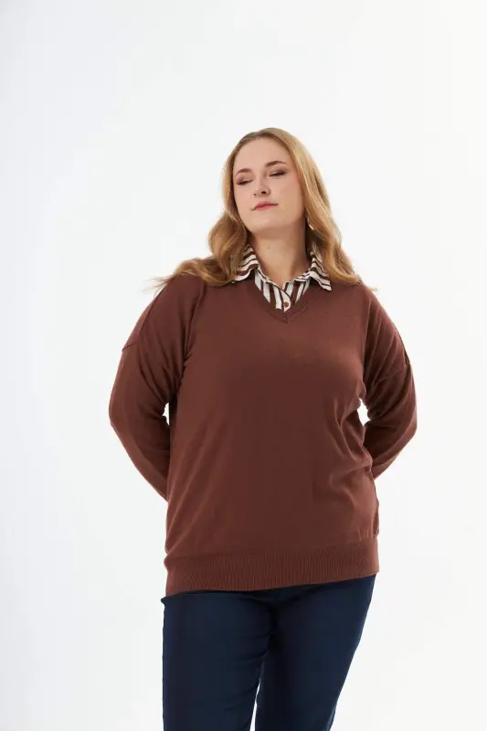 Plus Size Cashmere Blend V-Neck Knit Sweater Brown - 2