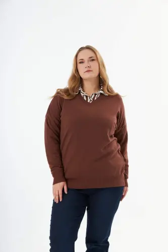 Plus Size Cashmere Blend V-Neck Knit Sweater Brown - 3