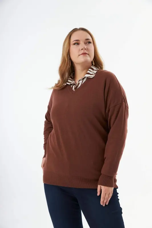 Plus Size Cashmere Blend V-Neck Knit Sweater Brown - 4