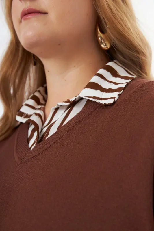 Plus Size Cashmere Blend V-Neck Knit Sweater Brown - 5