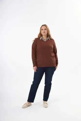 Plus Size Cashmere Blend V-Neck Knit Sweater Brown - 6
