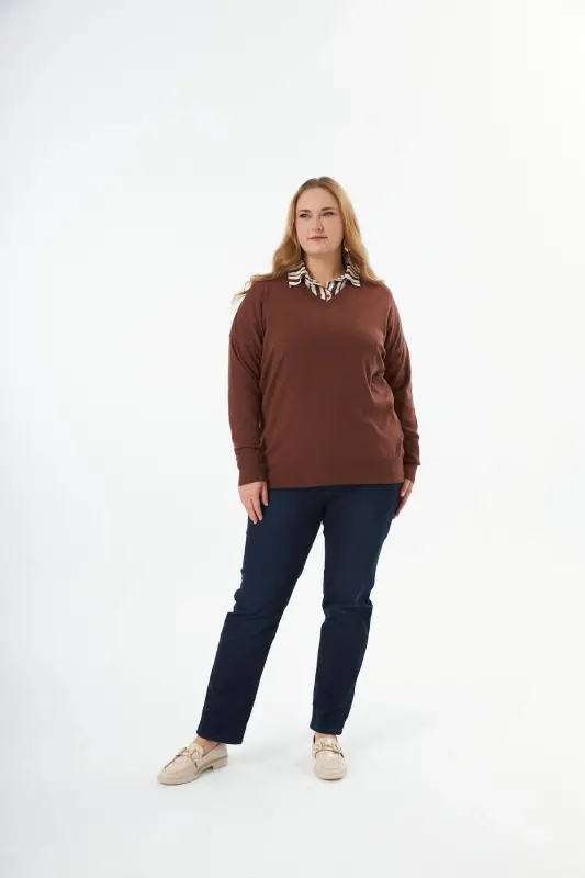 Plus Size Cashmere Blend V-Neck Knit Sweater Brown - 6
