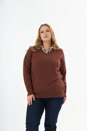Plus Size Cashmere Blend V-Neck Knit Sweater Brown - 3