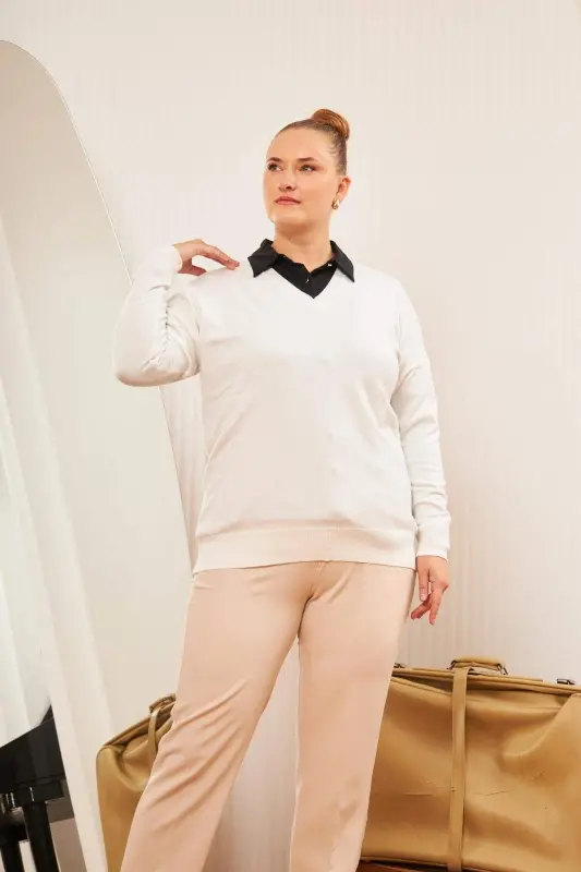 Plus Size Cashmere Blend V-Neck Knit Sweater Ecru - BÜYÜKBEDENIZ