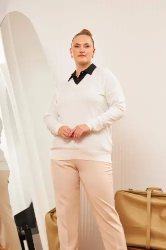 Plus Size Cashmere Blend V-Neck Knit Sweater Ecru - BÜYÜKBEDENIZ (1)