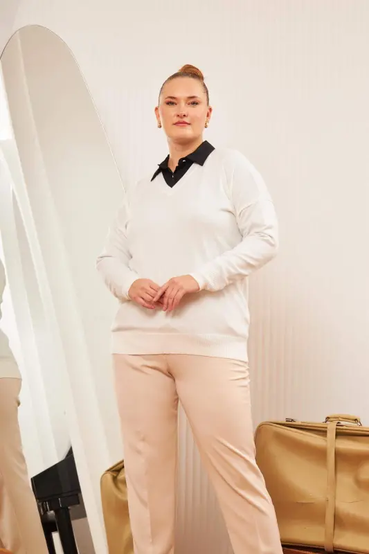 Plus Size Cashmere Blend V-Neck Knit Sweater Ecru - 2