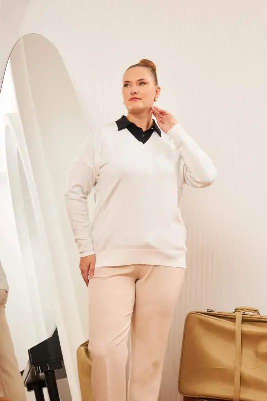 Plus Size Cashmere Blend V-Neck Knit Sweater Ecru - 3