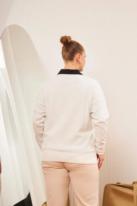 Plus Size Cashmere Blend V-Neck Knit Sweater Ecru - 5