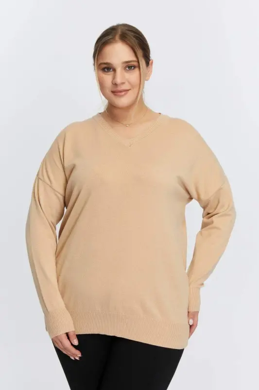 Plus Size Cashmere Blend V-Neck Knit Sweater Mink - BÜYÜKBEDENIZ