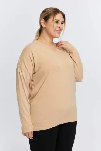 Plus Size Cashmere Blend V-Neck Knit Sweater Mink - BÜYÜKBEDENIZ (1)