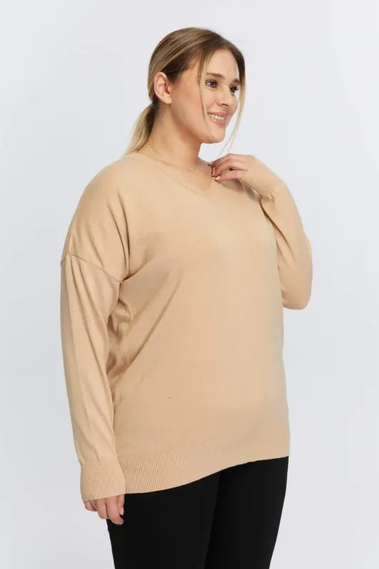 Plus Size Cashmere Blend V-Neck Knit Sweater Mink - 2