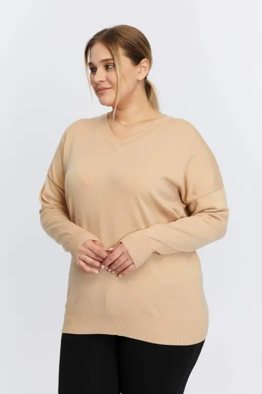 Plus Size Cashmere Blend V-Neck Knit Sweater Mink - 3