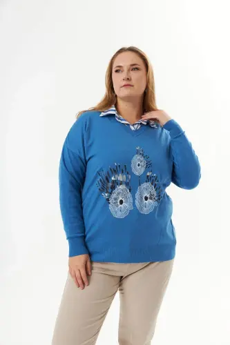 Plus Size Cashmere Blend V-Neck Printed Knit Jumper Indigo - 1