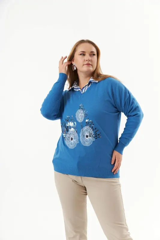 Plus Size Cashmere Blend V-Neck Printed Knit Jumper Indigo - 2