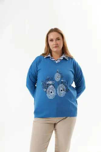 Plus Size Cashmere Blend V-Neck Printed Knit Jumper Indigo - 3
