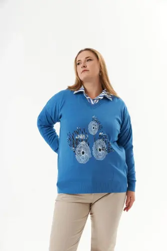 Plus Size Cashmere Blend V-Neck Printed Knit Jumper Indigo - 4