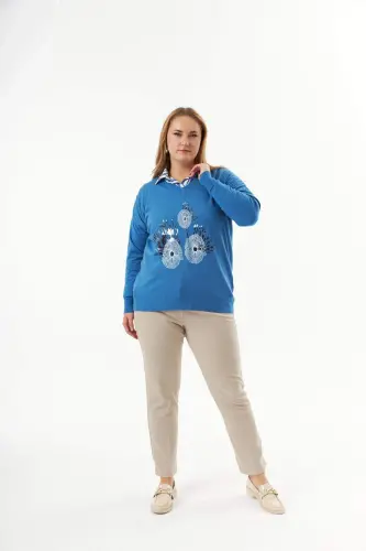 Plus Size Cashmere Blend V-Neck Printed Knit Jumper Indigo - 10