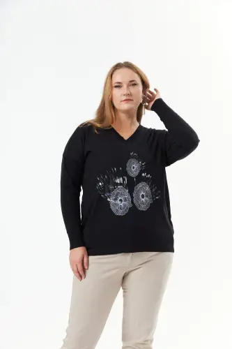 Plus Size Cashmere Blend V-Neck Printed Knit Sweater Black - BÜYÜKBEDENIZ (1)