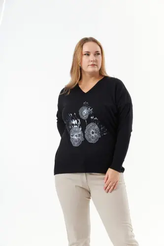 Plus Size Cashmere Blend V-Neck Printed Knit Sweater Black - 3