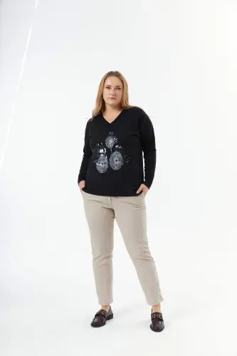 Plus Size Cashmere Blend V-Neck Printed Knit Sweater Black - 5
