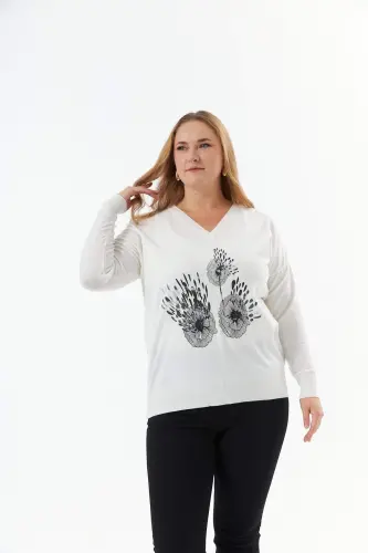 Plus Size Cashmere Blend V-Neck Printed Knit Sweater Ecru - 1