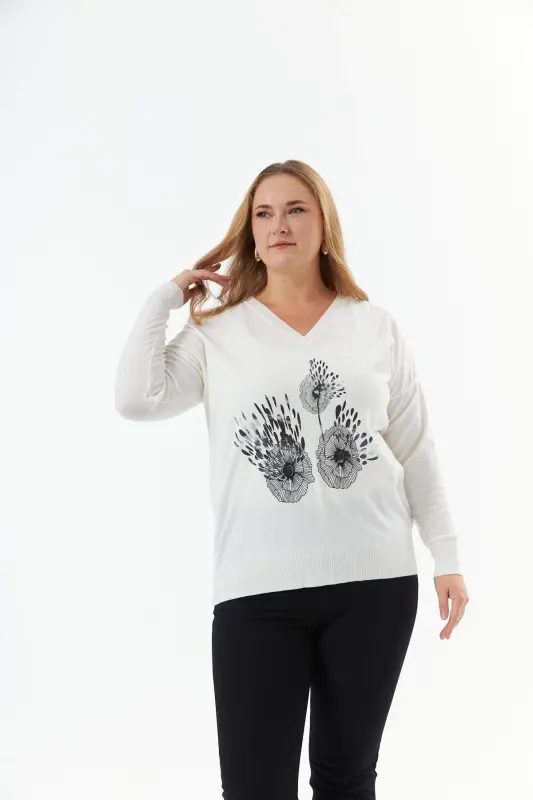 Plus Size Cashmere Blend V-Neck Printed Knit Sweater Ecru - 1