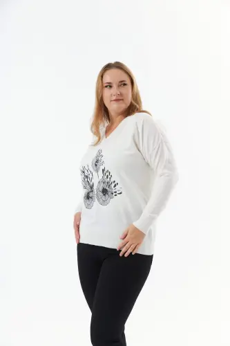 Plus Size Cashmere Blend V-Neck Printed Knit Sweater Ecru - BÜYÜKBEDENIZ (1)