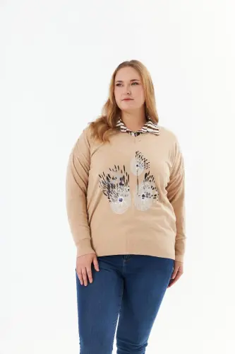 Plus Size Cashmere Blend V-Neck Printed Knit Sweater Mink - 1