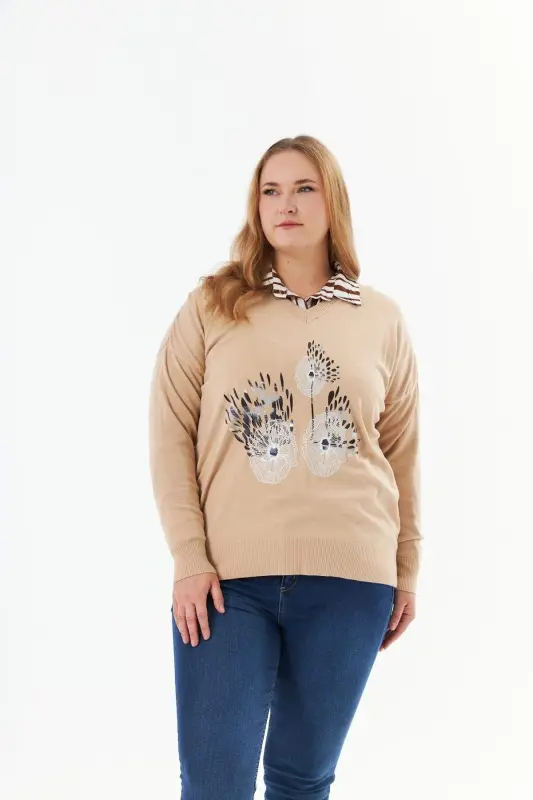 Plus Size Cashmere Blend V-Neck Printed Knit Sweater Mink - 1