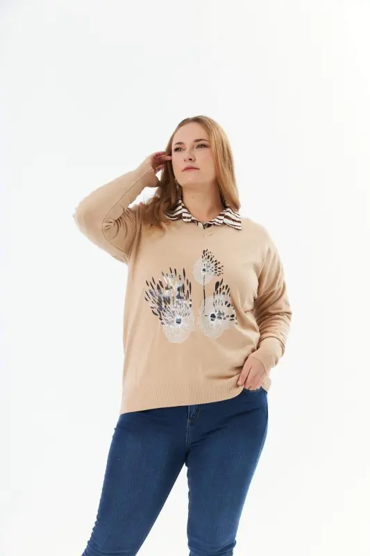 Plus Size Cashmere Blend V-Neck Printed Knit Sweater Mink - 2