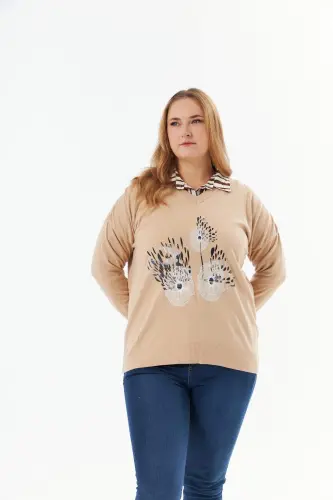 Plus Size Cashmere Blend V-Neck Printed Knit Sweater Mink - 3